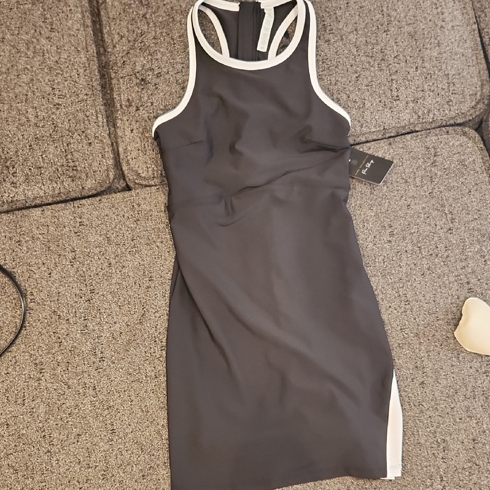 Black Mini Dress with White Trim Racerback Detail